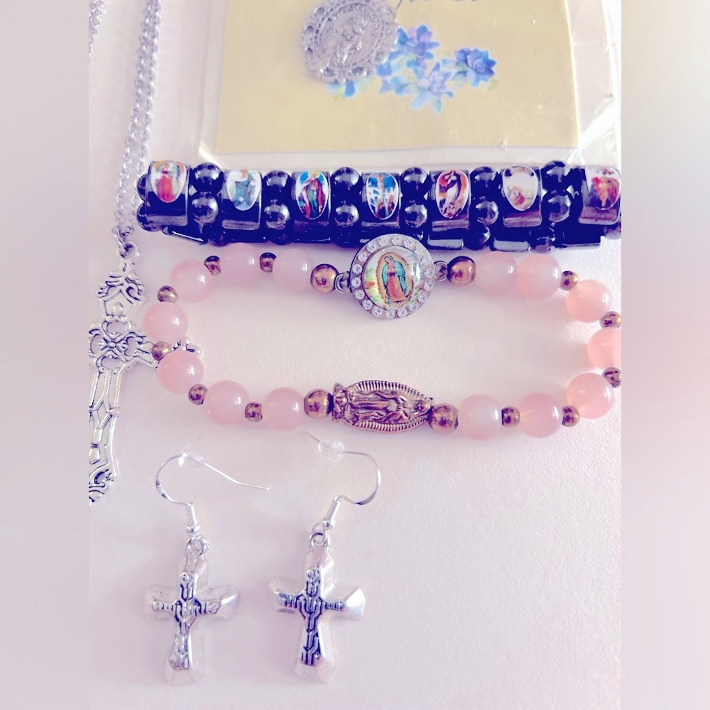 7 pc Religious: Rose Quartz, Hematite bracelets, cross necklaces, earrings, etc.